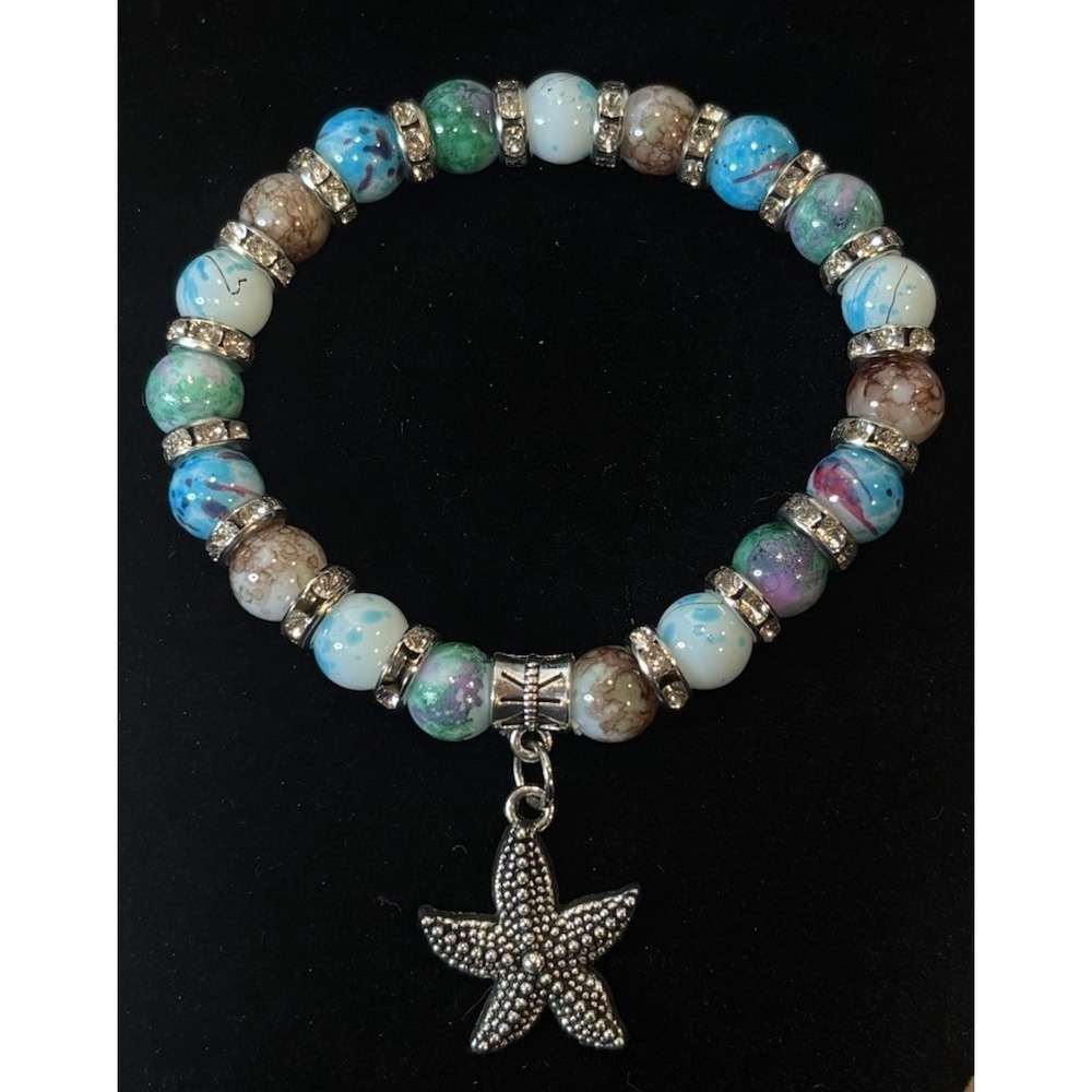 Vintage Lampwork Style Art Glass Bead Stretch Bracelet Starfish Coastal Beach